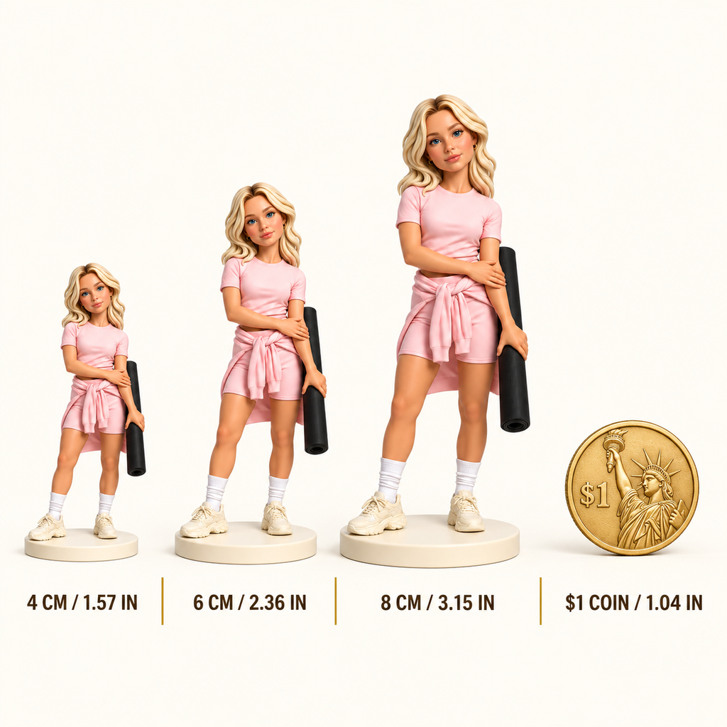 Custom 3D figurine size comparison and clear display base details