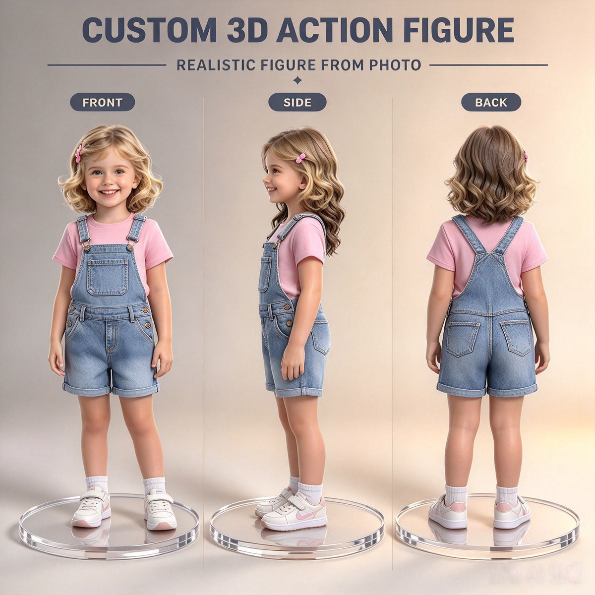 Supplied front, side, and back views of the custom 3D child figurine