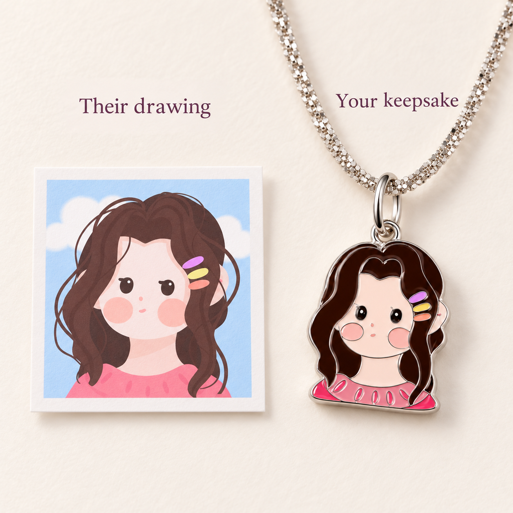 Original portrait illustration beside its custom necklace example
