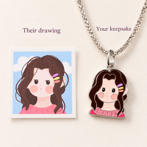 Original portrait illustration beside its custom necklace example