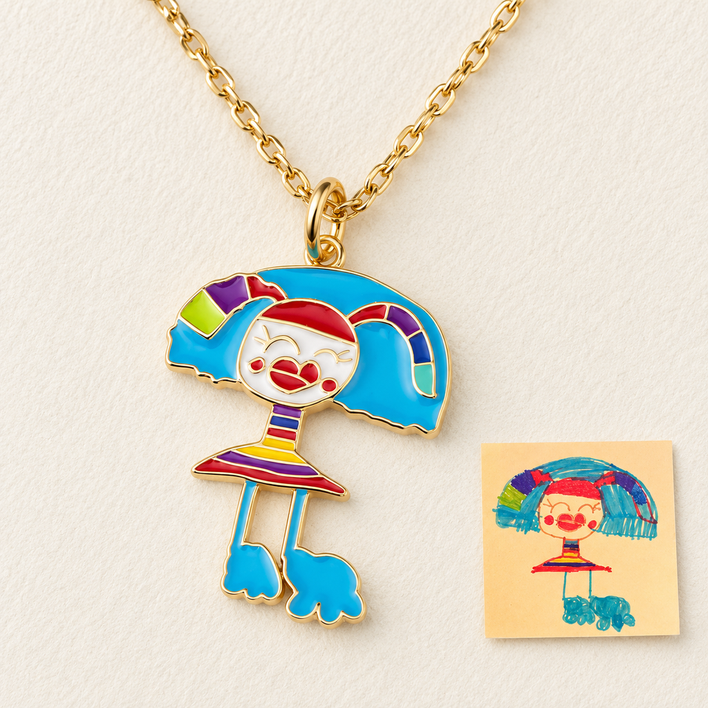 Full-body single-person drawing transformed into a colored necklace example