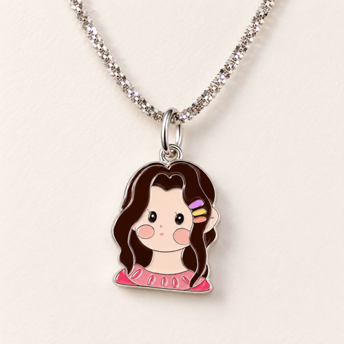 Single-person portrait necklace example with colored details and silver-tone outline