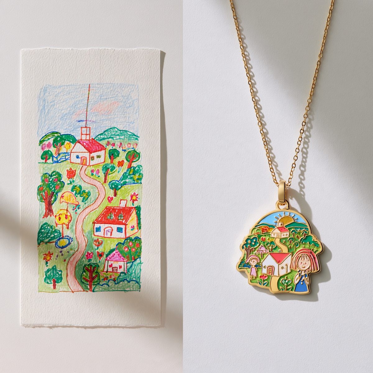 Custom Child Landscape Drawing Necklace | Kids Scenery Artwork Keepsake