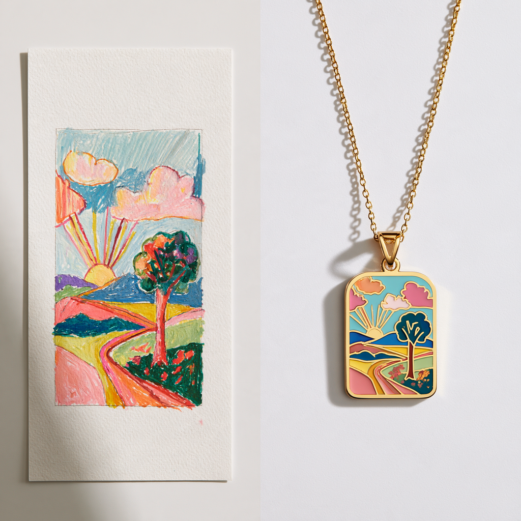 Custom Child Landscape Drawing Necklace | Kids Scenery Artwork Keepsake