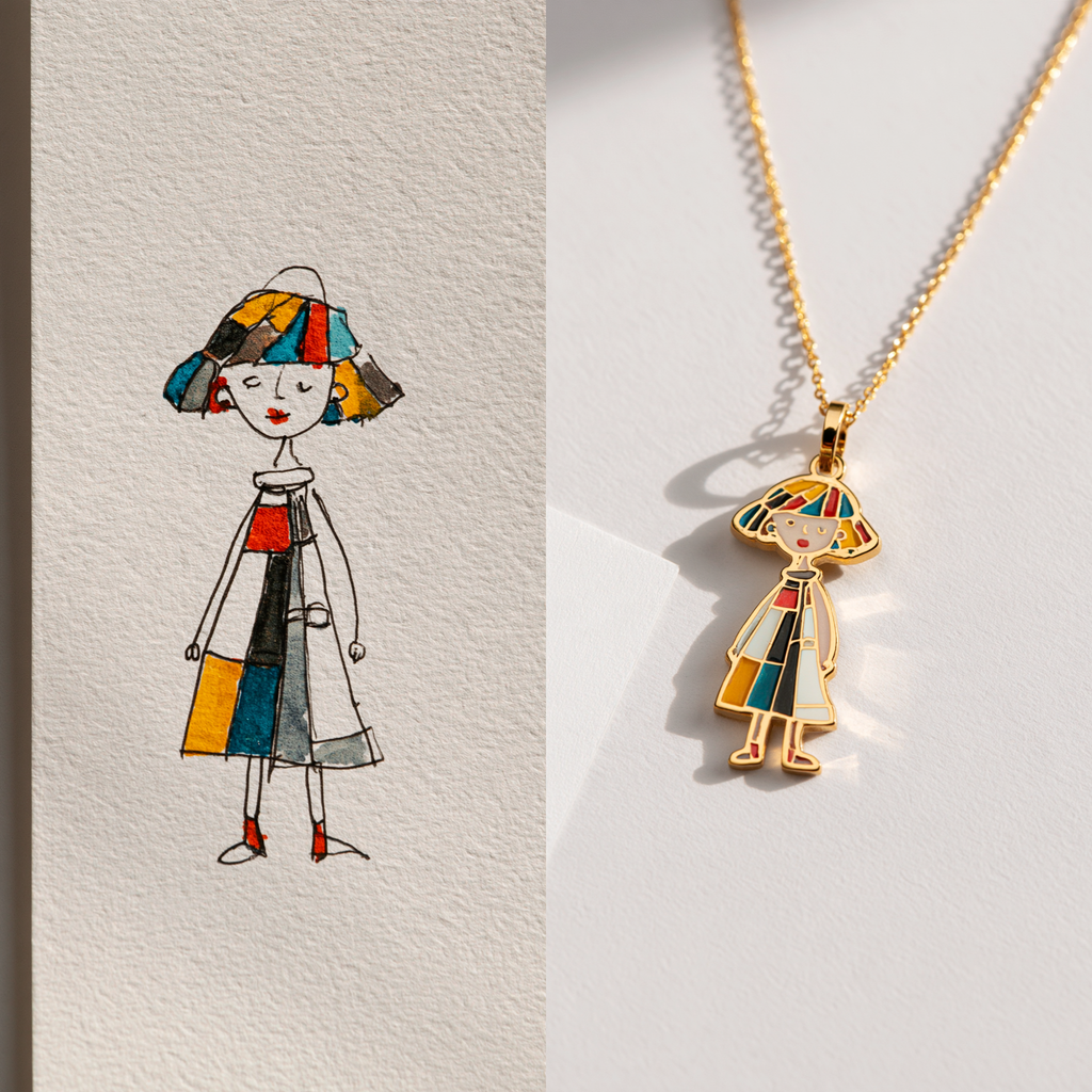 Custom Child Drawing Necklace – Single Person Design | Kids Artwork Keepsake