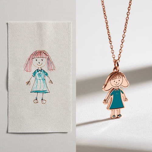 Custom Child Drawing Necklace – Single Person Design | Kids Artwork Keepsake