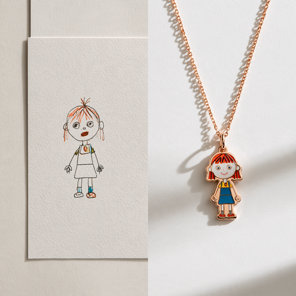 Custom Child Drawing Necklace – Single Person Design | Kids Artwork Keepsake