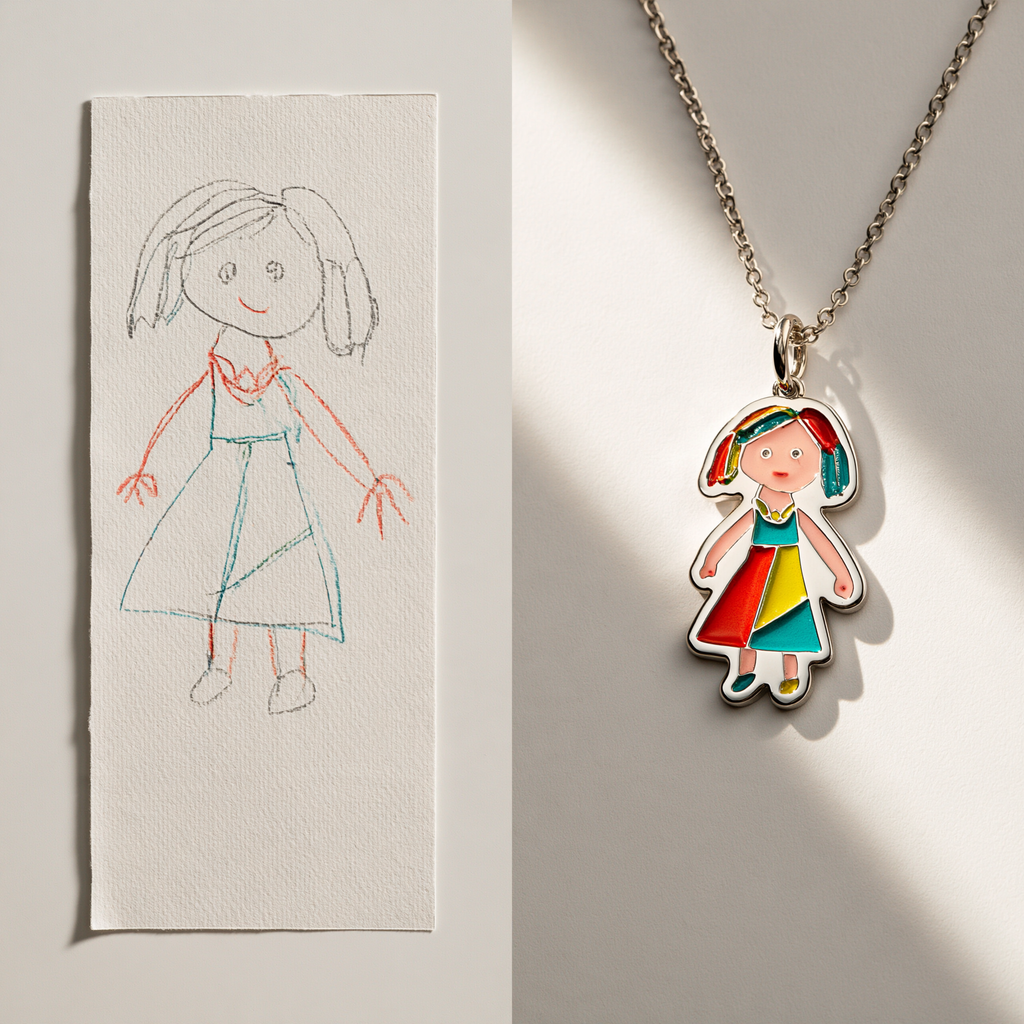 Custom Child Drawing Necklace – Single Person Design | Kids Artwork Keepsake