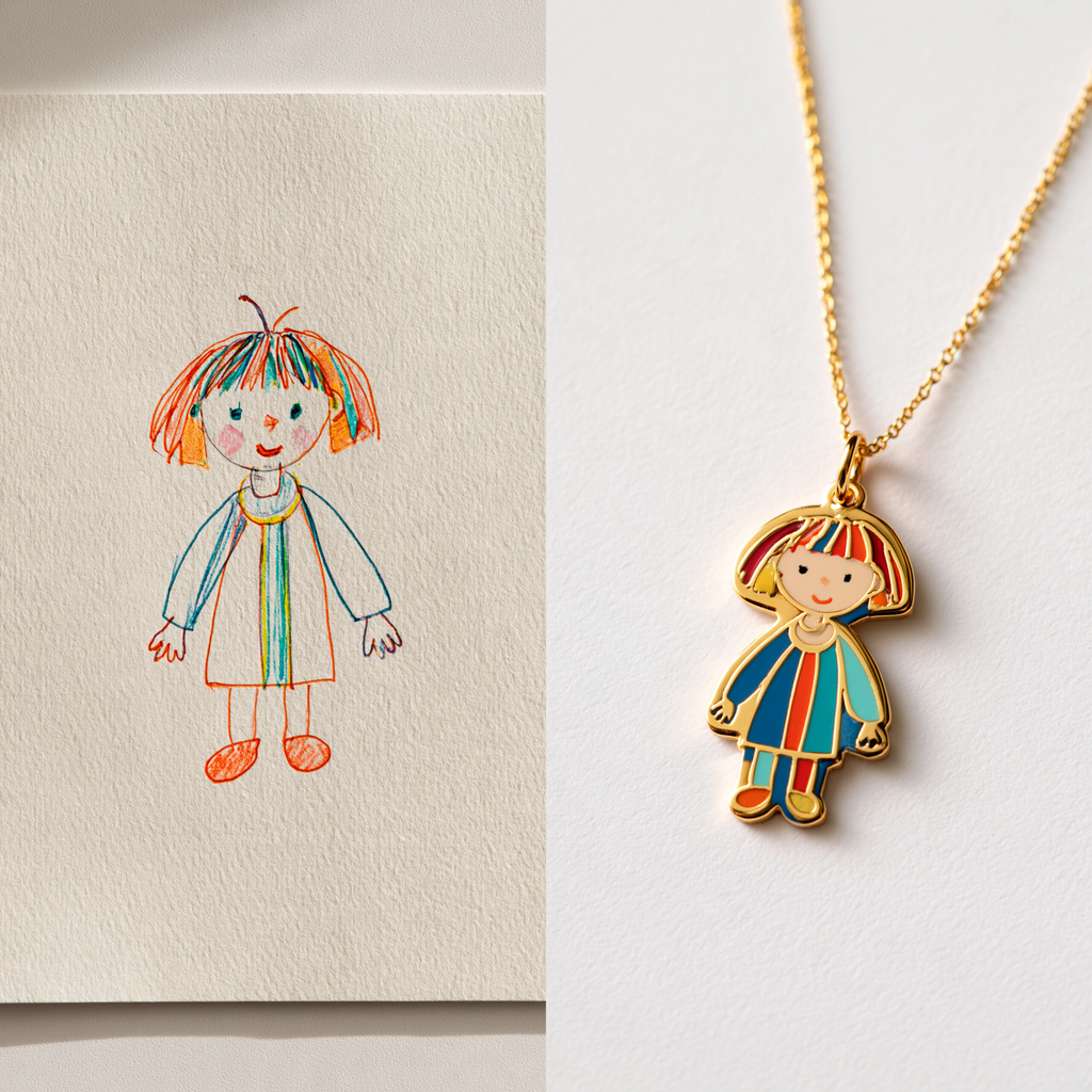 Custom Child Drawing Necklace – Single Person Design | Kids Artwork Keepsake