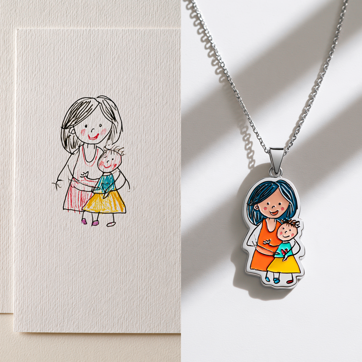 Custom Family Drawing Necklace | Multi-Person Color Enamel Pendant