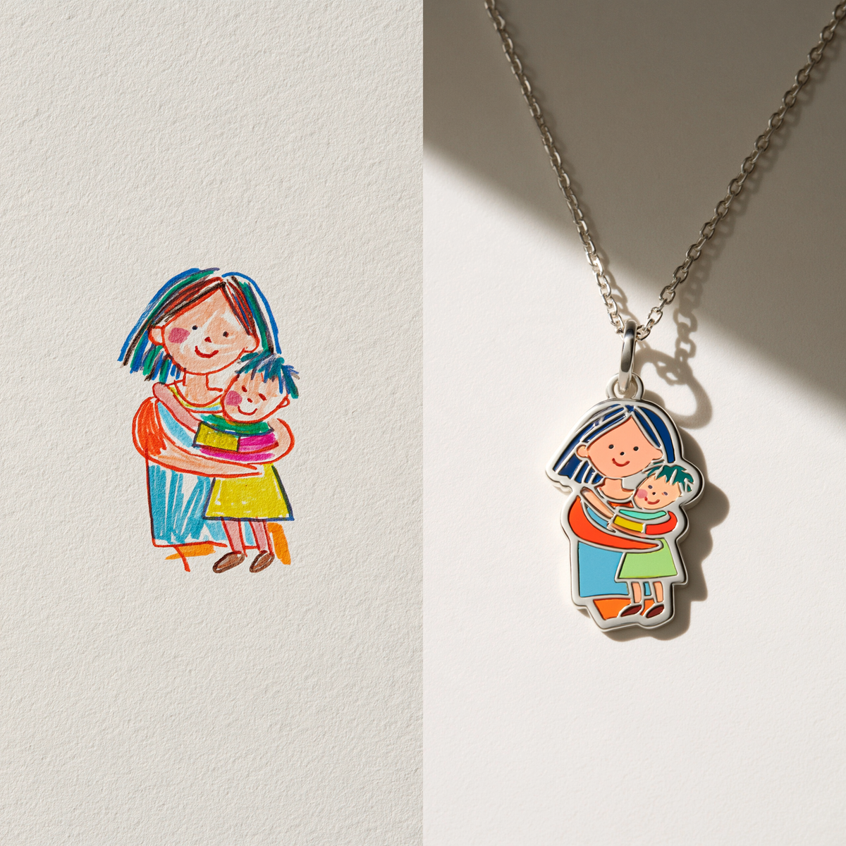 Custom Family Drawing Necklace | Multi-Person Color Enamel Pendant